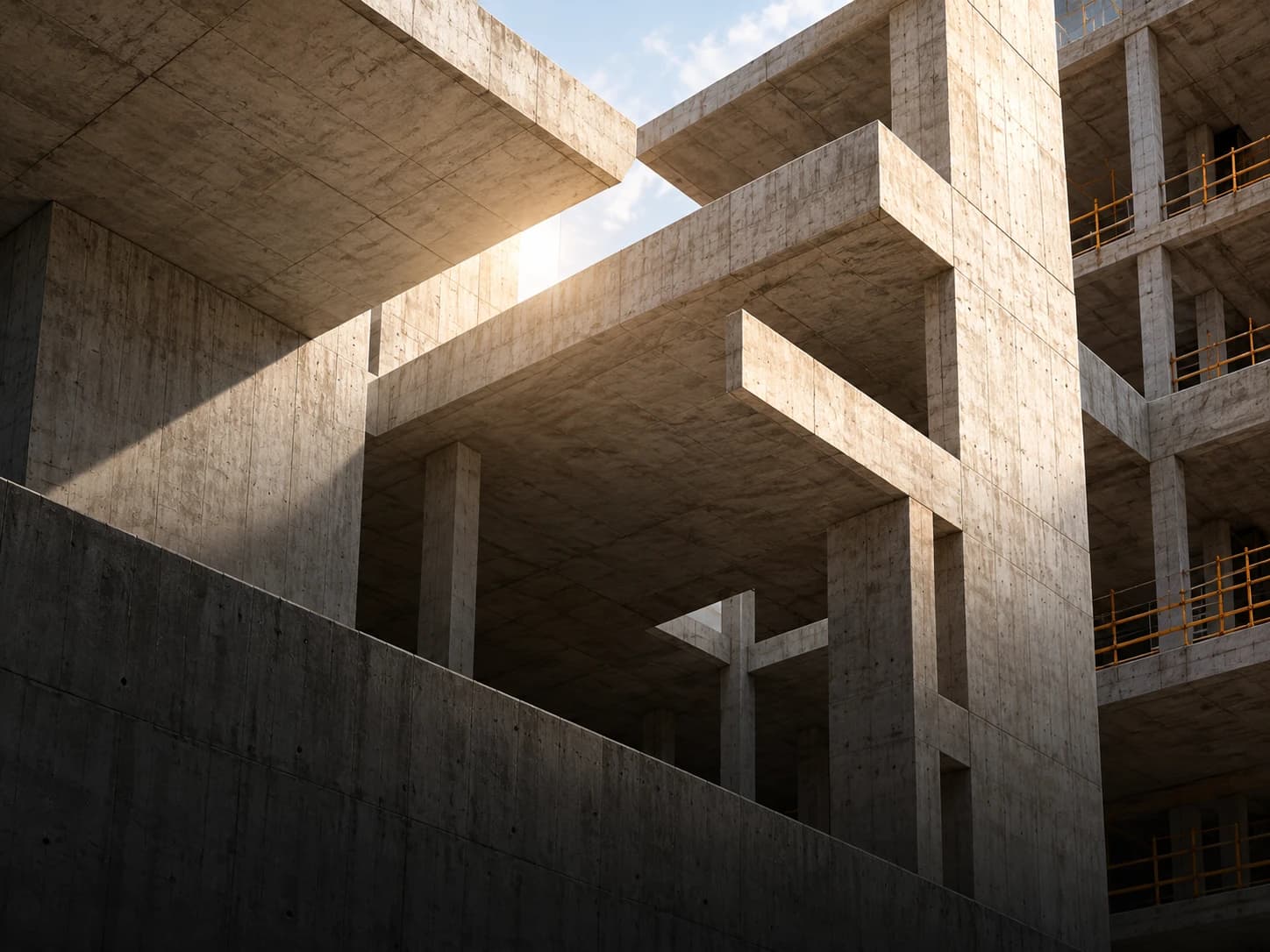 Concrete building frame seen from below in raking light