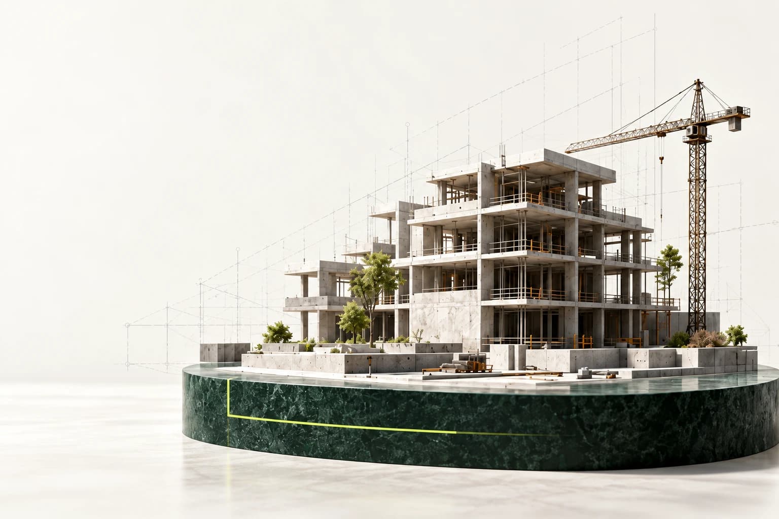 Architectural model of a concrete building under construction with a tower crane